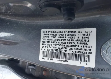 2013 Honda Civic Ex-L z USA, uszkodzony, nr VIN 19XFB2F99DE091711